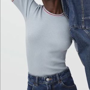 NEW NWT EVERLANE RIBBED MERINO TEE TOP SKY BLUE RED TRIM RETRO MODERN S Small 4